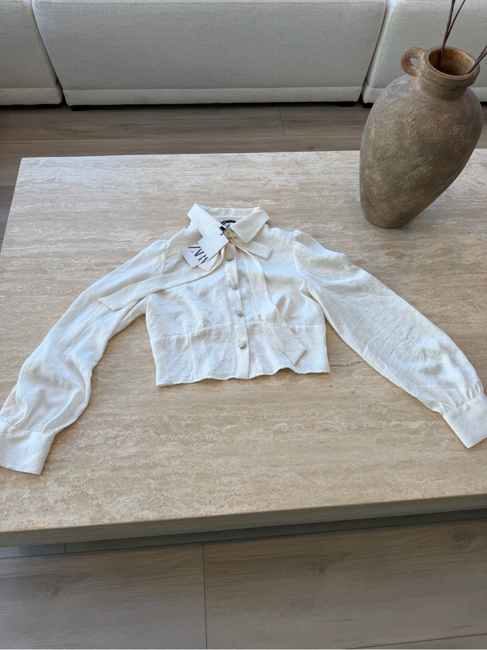 Zara Cream Tie-Neck Cropped Button Up Top